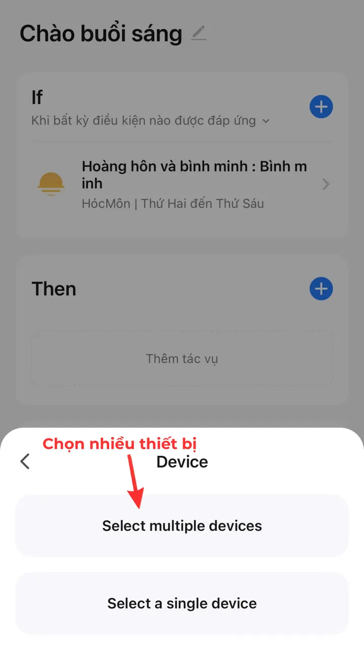 Chọn nhiều thiết bị cùng lúc cho hành động của kịch bản