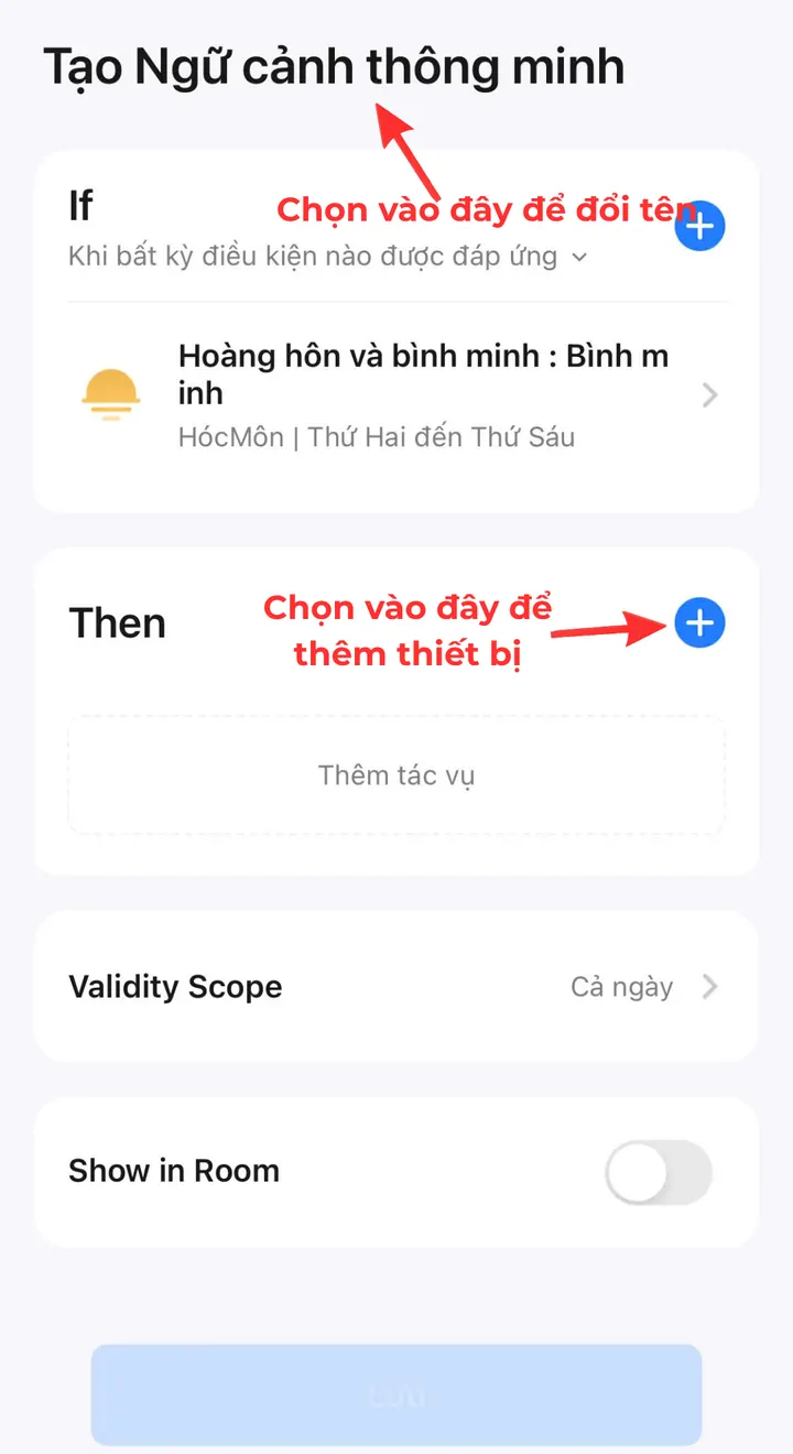 Đổi tên kịch bản thành Chào buổi sáng và thêm thiết bị hành động