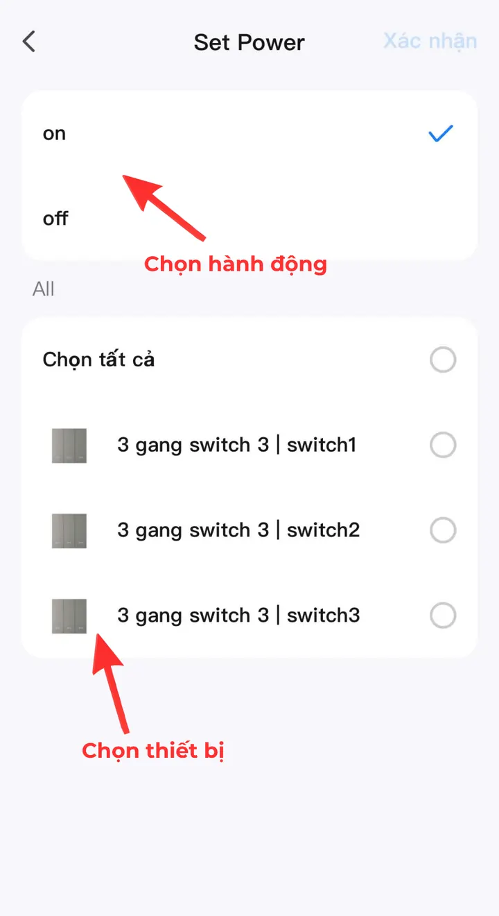 Thiết lập bật nguồn công tắc trong kịch bản Chào buổi sáng