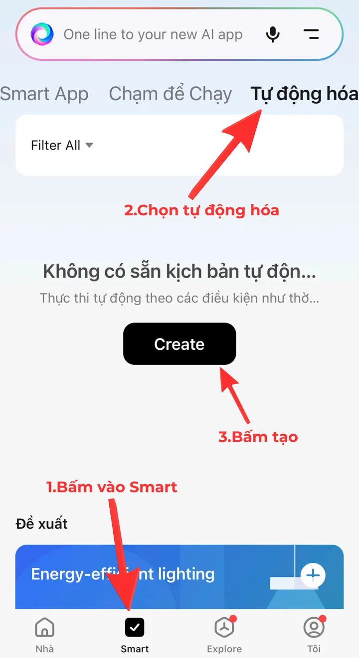 Vào mục Smart chọn Tự động hóa và bấm tạo kịch bản mới