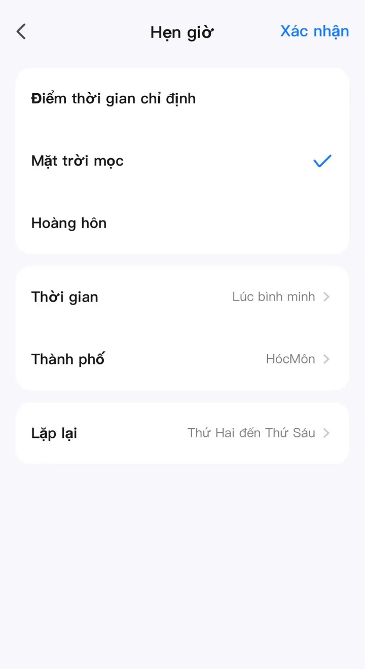 Xác nhận cài đặt hẹn giờ Mặt trời mọc cho kịch bản