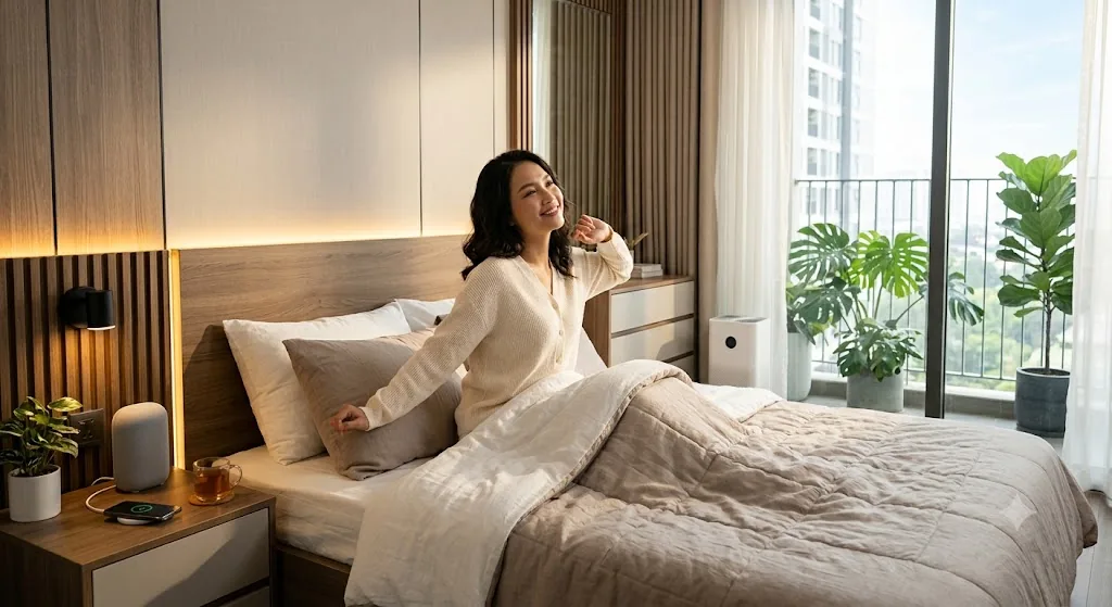 Buổi sáng thức dậy trong phòng ngủ nhà thông minh với rèm tự mở và đèn ấm