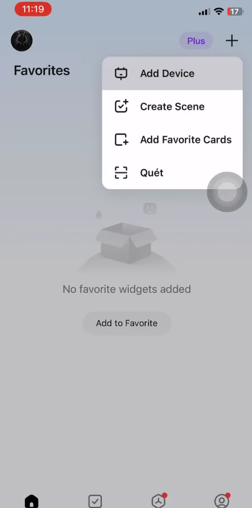 Bấm dấu cộng trên màn hình Favorites rồi chọn Add Device để thêm Hub trung tâm