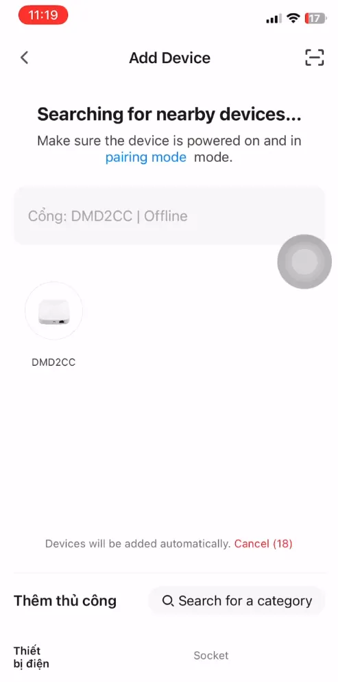 Ứng dụng tìm và kết nối Hub trung tâm DMD2CC đang ở chế độ ghép nối