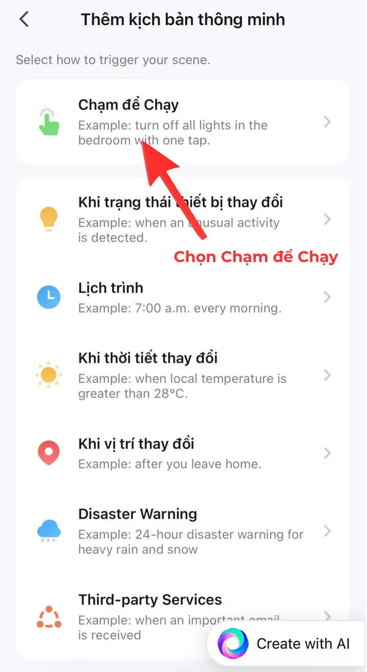 Chọn kiểu kích hoạt Chạm để Chạy cho kịch bản ra khỏi nhà