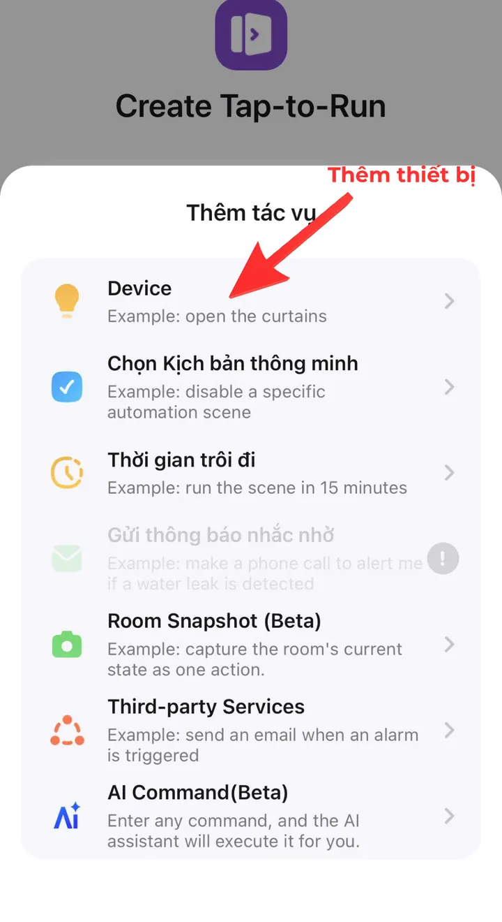 Chọn loại tác vụ Device để thêm thiết bị vào kịch bản