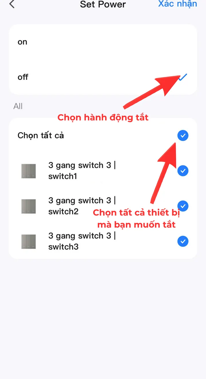 Đặt Set Power off và chọn tất cả thiết bị cần tắt khi ra khỏi nhà