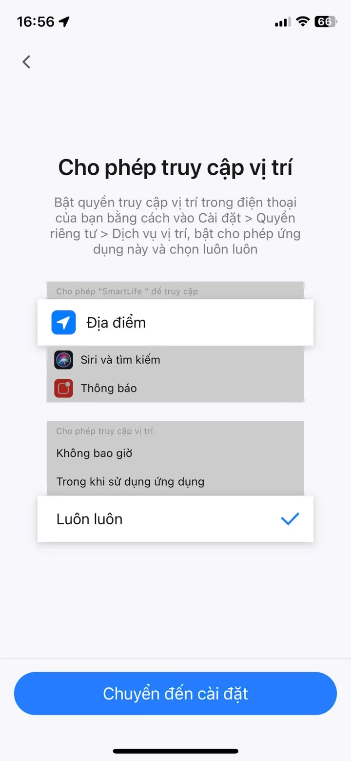 Cho phép ứng dụng truy cập vị trí, chọn Địa điểm và Luôn luôn để kịch bản nhận diện vị trí